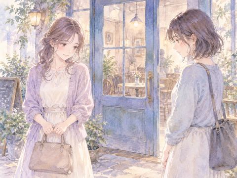 久しぶりに会った旧友と目を合わせられず気まずそうに立つ女性