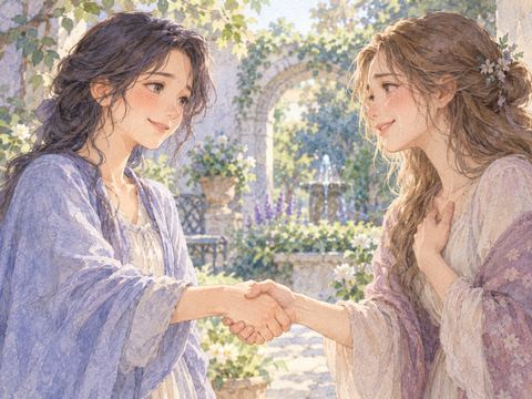 仲直りした旧友と握手してほっとした笑顔を見せる女性