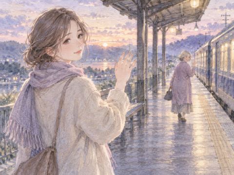 駅のホームで去っていく旧友に寂しそうに手を振る女性