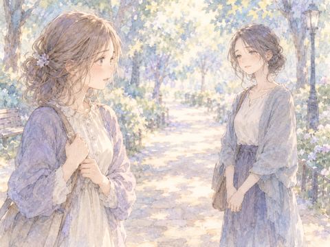 久しぶりに会った友達と少し距離を置いて見つめ合う女性