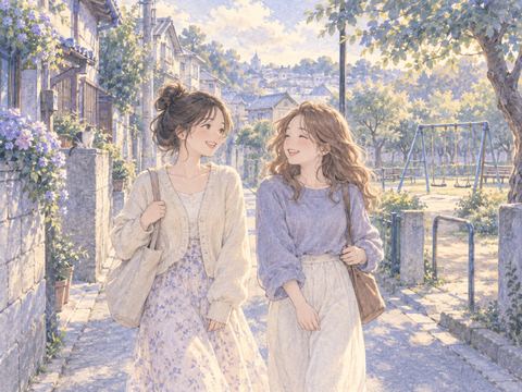懐かしい住宅街で幼なじみと笑い合う大人の女性