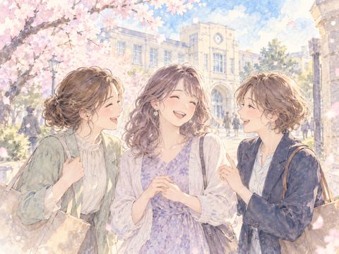 懐かしい校舎の前で学生時代の友達と再会する大人の女性