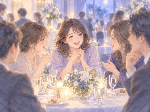 同窓会で昔の友達の輪に加わり笑顔で話す女性