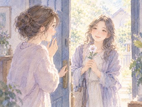 玄関を開けると昔の友達が立っていて驚く女性