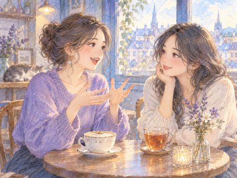 カフェのテーブルで旧友と楽しそうにおしゃべりする女性