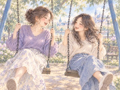 公園のブランコで昔の女友達と楽しそうに笑う大人の女性