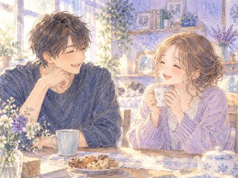 食卓で兄と楽しそうに笑い合う大人の女性