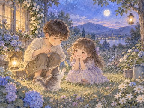 子どもの兄と並んで遊ぶ幼いアザミ