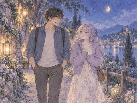 兄と並んで歩き頬を染めるアザミ
