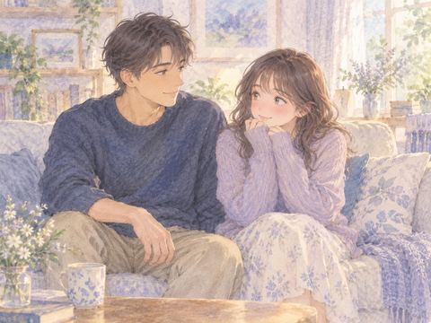 兄と並んで座り少し照れるアザミ