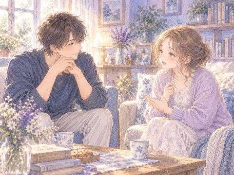 リビングで兄と向き合い真剣に話す女性