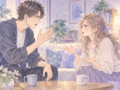 室内で兄と言い争い悔しそうに意見を伝える女性