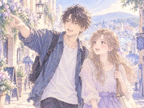 晴れた街の道を兄と並んで楽しそうに歩く女性