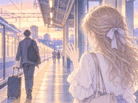 駅のホームで遠ざかる兄を寂しそうに見送る女性