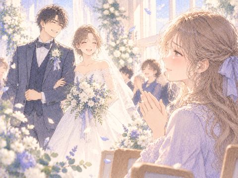 結婚式で兄と花嫁を祝福し少し寂しそうに微笑む女性