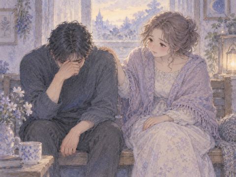 涙を流す兄の肩に優しく手を添える女性