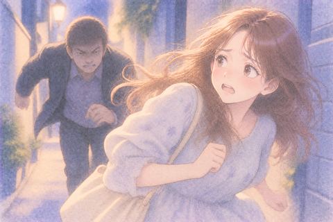 逃げても追いつく年上男性を振り返る女性