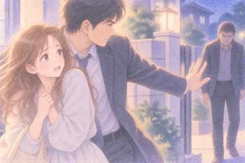 助けに来た人のそばで安堵する女性と離れた年上男性