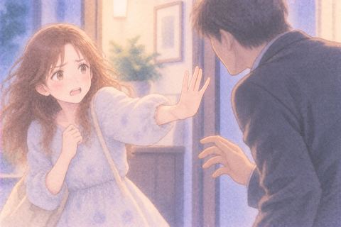 迫る年上男性へ手を上げて制止する女性