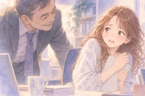 知人の年上男性を警戒して距離を取る女性