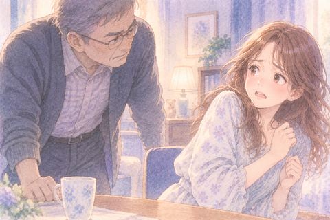 迫る父親を前に身構える大人の女性