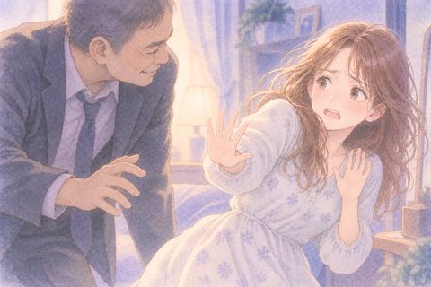 近づく年上男性を拒むように身を引く女性