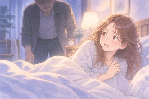 眠る女性へ近づく年上男性に気づいて身を起こす場面