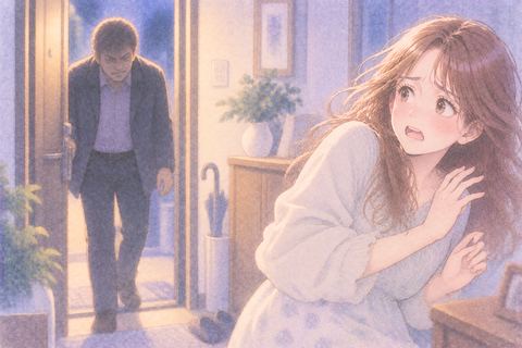家に入る年上男性を警戒して後ずさる女性