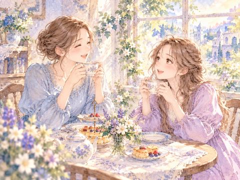 食卓でお茶を飲みながら笑顔で話す姉妹