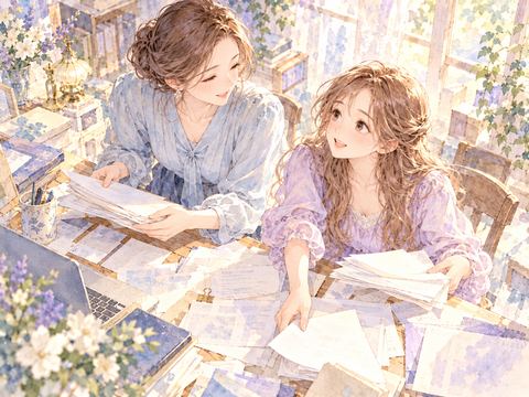 散らばった書類を姉と一緒に片づける女性