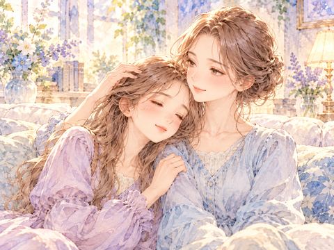 ソファで姉の肩に寄りかかり安心する女性