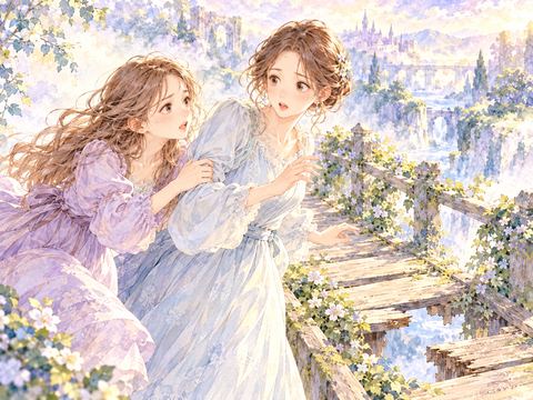 危険な崩れた橋の手前で姉を引き止める女性