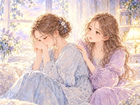 涙を流す姉の背中にそっと手を添える女性