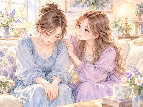 ソファでうつむく姉を心配して隣に座る女性