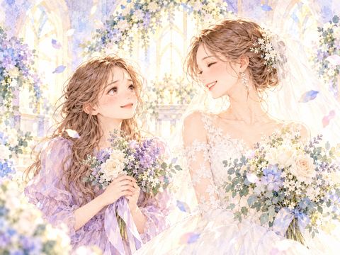 花嫁姿の姉を涙ぐみながら祝福する女性