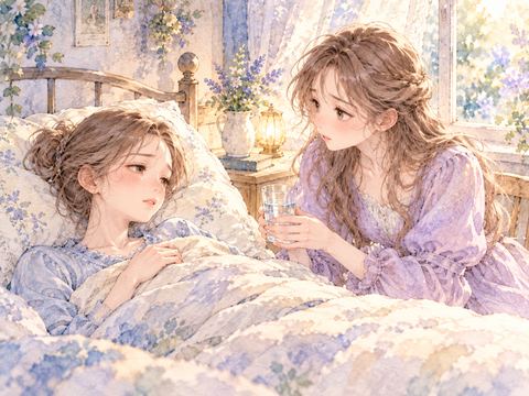 ベッドで横になる姉に水を差し出して看病する女性