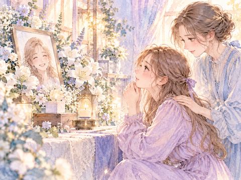 姉の遺影と白い花の前で涙を流す女性