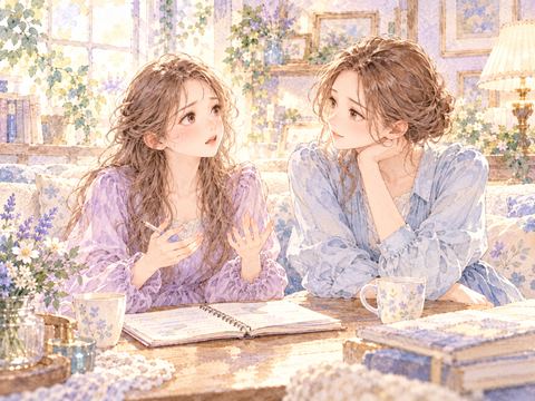 ノートを広げて真剣に姉へ相談する女性