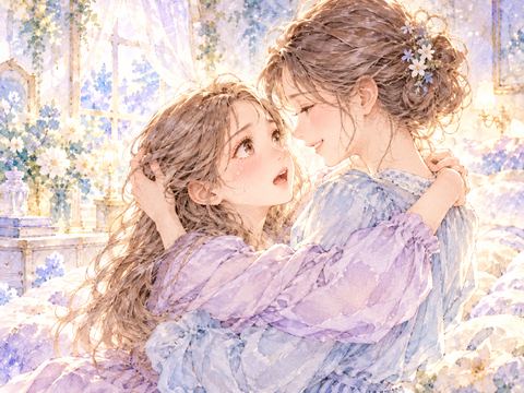 柔らかな光の中に現れた姉を驚きながら抱きしめる女性