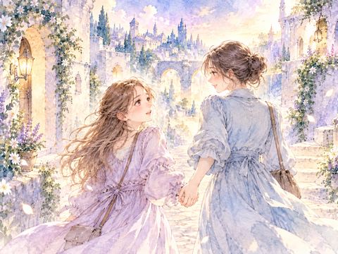 見知らぬ姉に手を引かれて道を歩く女性