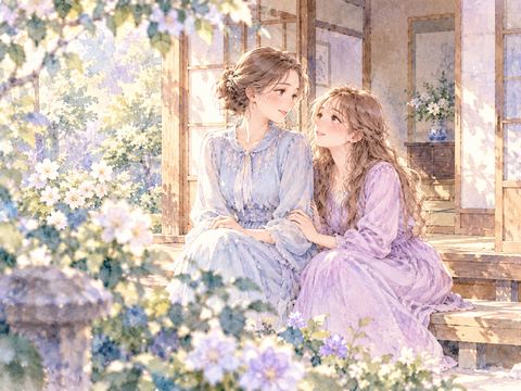 懐かしい家の縁側で亡くなった姉と穏やかに過ごす女性