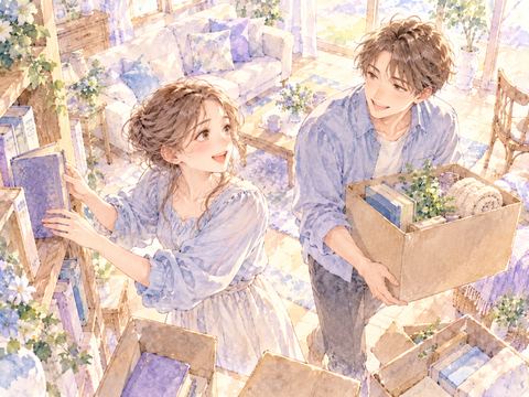姉と弟が協力して部屋の片づけをする場面