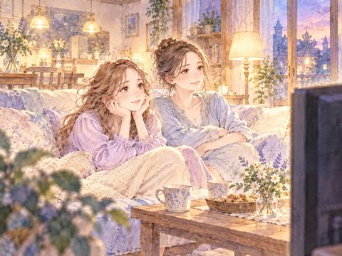 姉と並んでソファに座り安心してくつろぐ女性