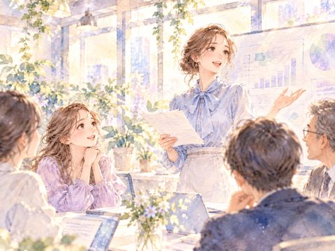 人前で堂々と話す姉を憧れの目で見つめる女性