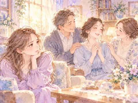 家族に褒められる姉を複雑な表情で見つめる女性