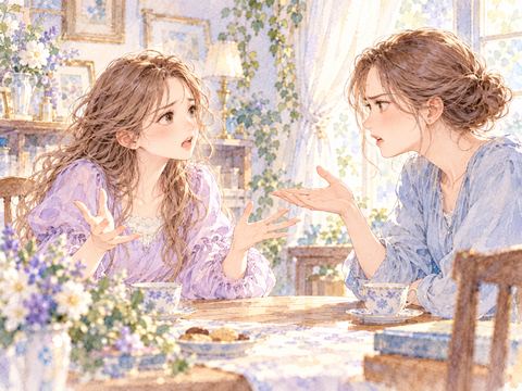 向かい合って意見を言い合う姉妹