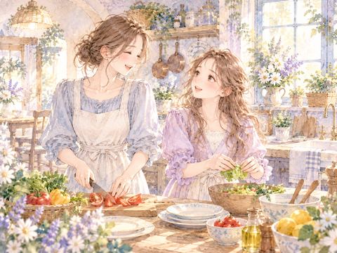 台所で仲良く夕食を作る姉妹