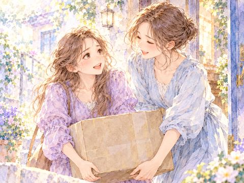 重い荷物を運ぶ女性に姉が手を貸す場面