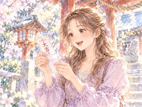 大吉のおみくじを開いて嬉しそうに微笑む女性