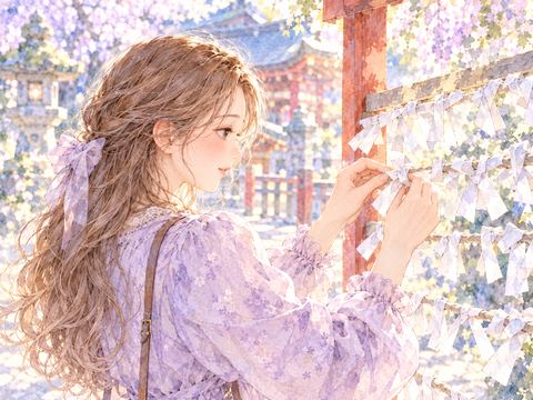 神社のおみくじ掛けに紙を丁寧に結ぶ女性